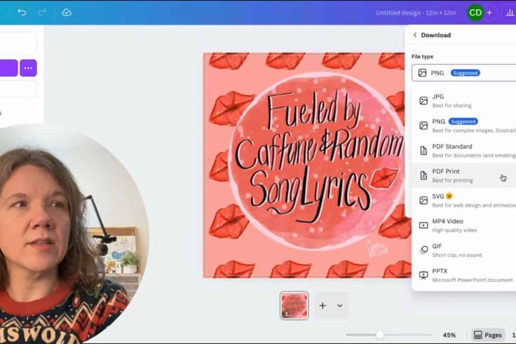 Canva’s download options are shown alongside a framed digital art print mockup; the creator appears in the corner explaining how to export a file.