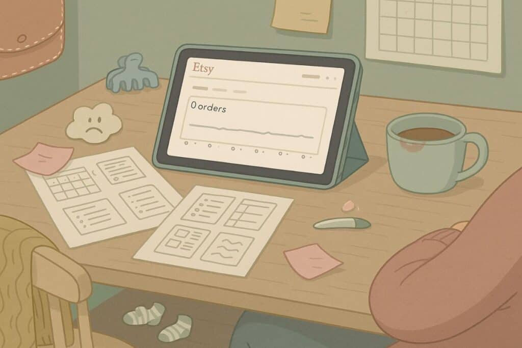 A cozy and cluttered artist workspace with an iPad and scattered sketches, showing the real-life chaos of waiting for sales in muted retro tones.