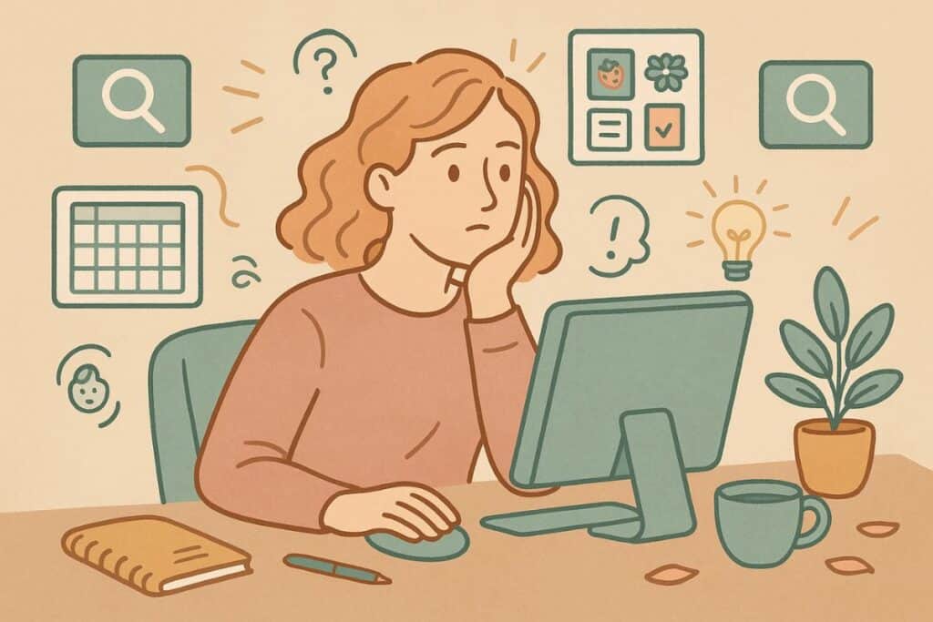 An artistic scene of a creative person overwhelmed by search suggestions, surrounded by floating icons and art ideas in muted retro colors.