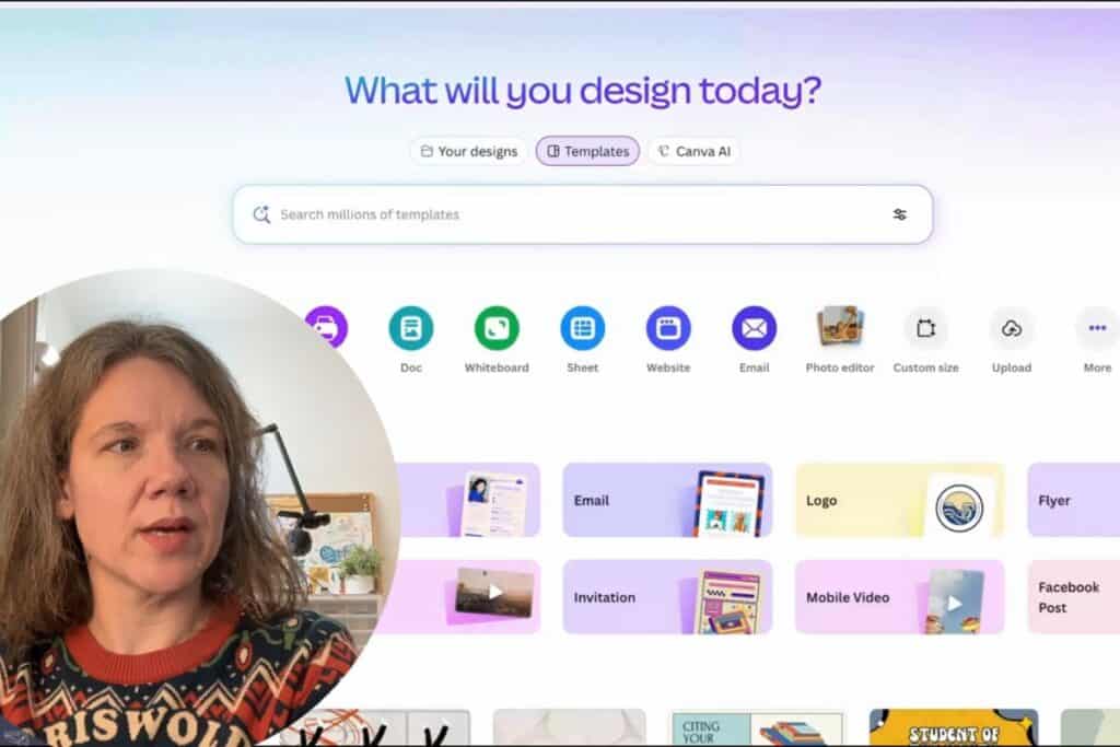 The Canva homepage asking “What will you design today?” is shown with design category buttons; the creator is visible in the corner, preparing to start a new project.