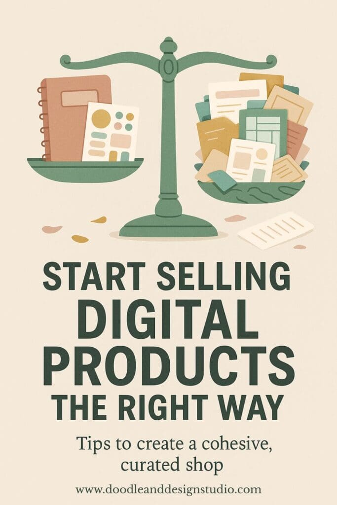 A vintage green scale balancing a small curated planner set on one side and a chaotic pile of mismatched digital templates on the other.