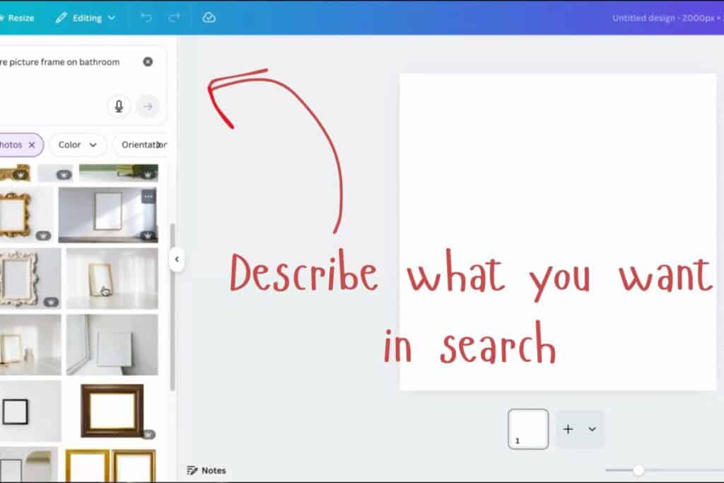 Canva’s image search bar with the phrase “Describe what you want in search” written in red handwriting beside it; the mockup frames are shown in the image gallery.
