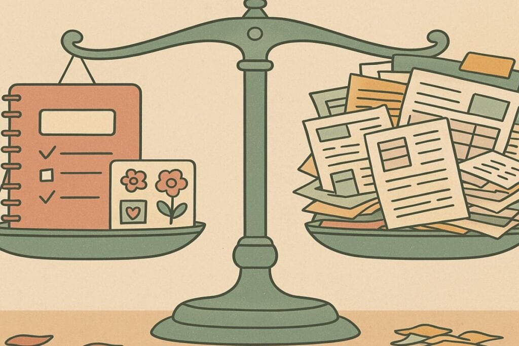 An illustrated metaphor of balanced digital product value showing a vintage scale with curated items on one side and a messy bundle on the other.