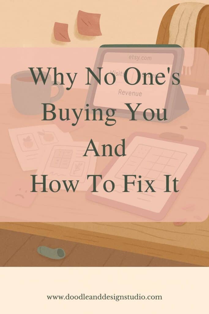 A cozy digital art workspace with signs of frustration and no sales, styled in a soft muted retro palette.