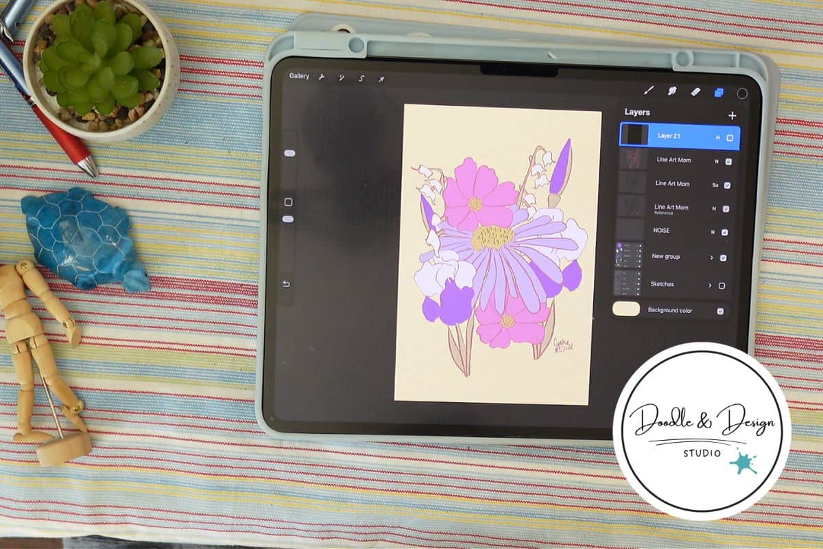 A partially colored floral artwork on an iPad with soft pink and purple hues, showing active layer selection in Procreate.