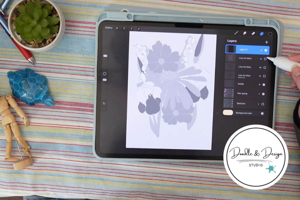 A floral illustration in grayscale on an iPad showing clean layers labeled in Procreate, part of a digital coloring workflow.