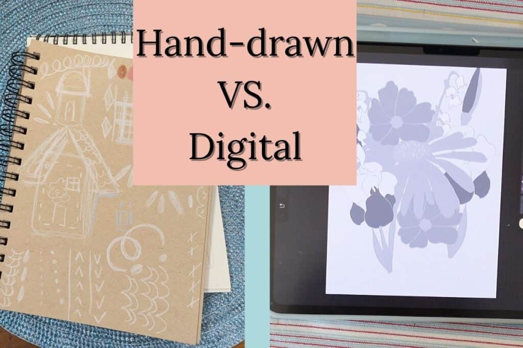 hand-drawn versus digital art picture of brown paper tablet with colored pencil on split screen with ipad drawing open on the other