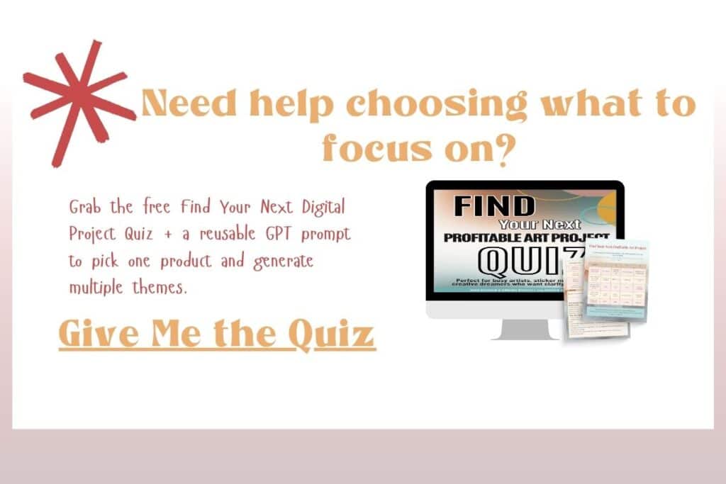 A promotional graphic for a free quiz to help creatives pick a digital project. Includes a screenshot of the quiz and playful retro styling.