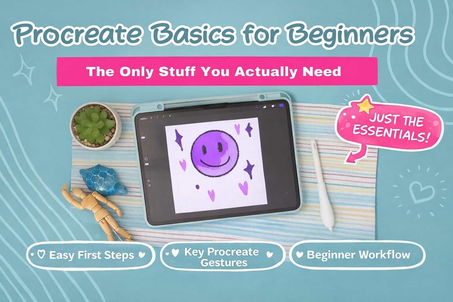 Procreate beginner’s guide featuring an iPad with a purple smiley face drawing, surrounded by a plant, mannequin, and Apple Pencil on a pastel striped cloth. Text reads “Procreate Basics for Beginners” and “The Only Stuff You Actually Need” in bold pink and white against a soft blue background with playful doodles.