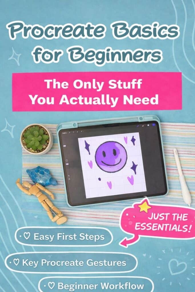 A Pinterest graphic titled "Procreate Basics for Beginners" showing an iPad with digital art and beginner-friendly tips.
