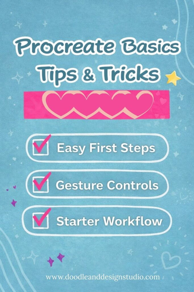 A Pinterest pin featuring essential Procreate tips and tricks with a checklist-style design and playful colors.