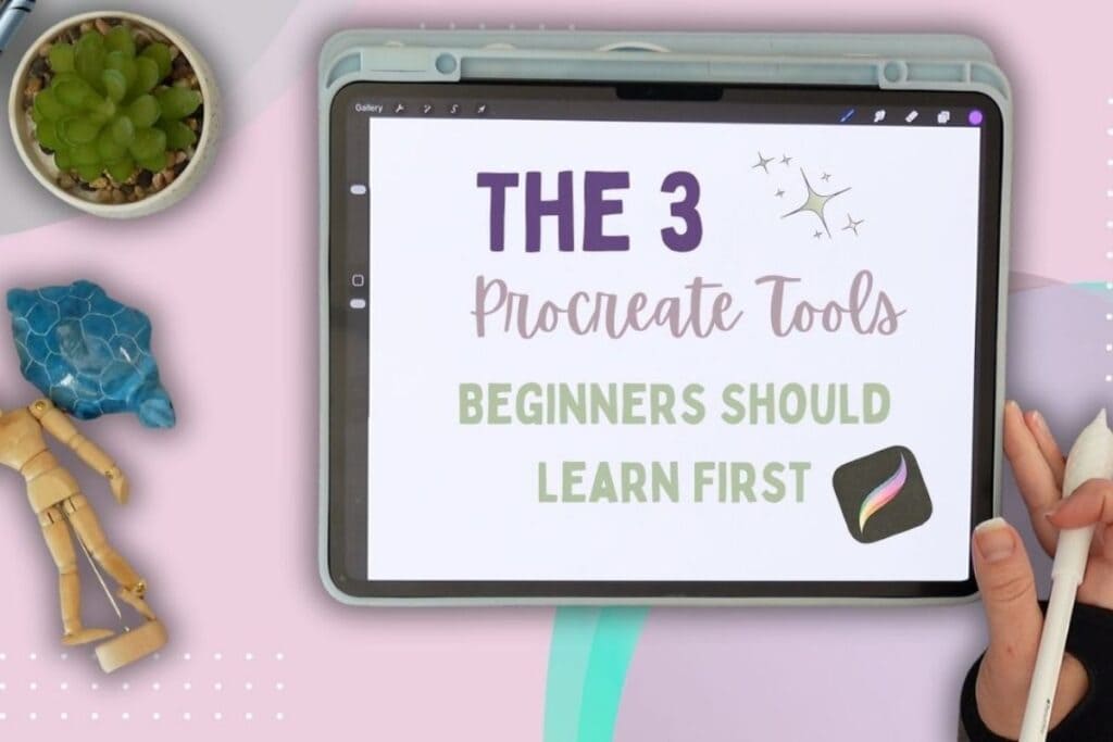 i pad on a purple background text reads the 3 procreate tools beginners should learn fast