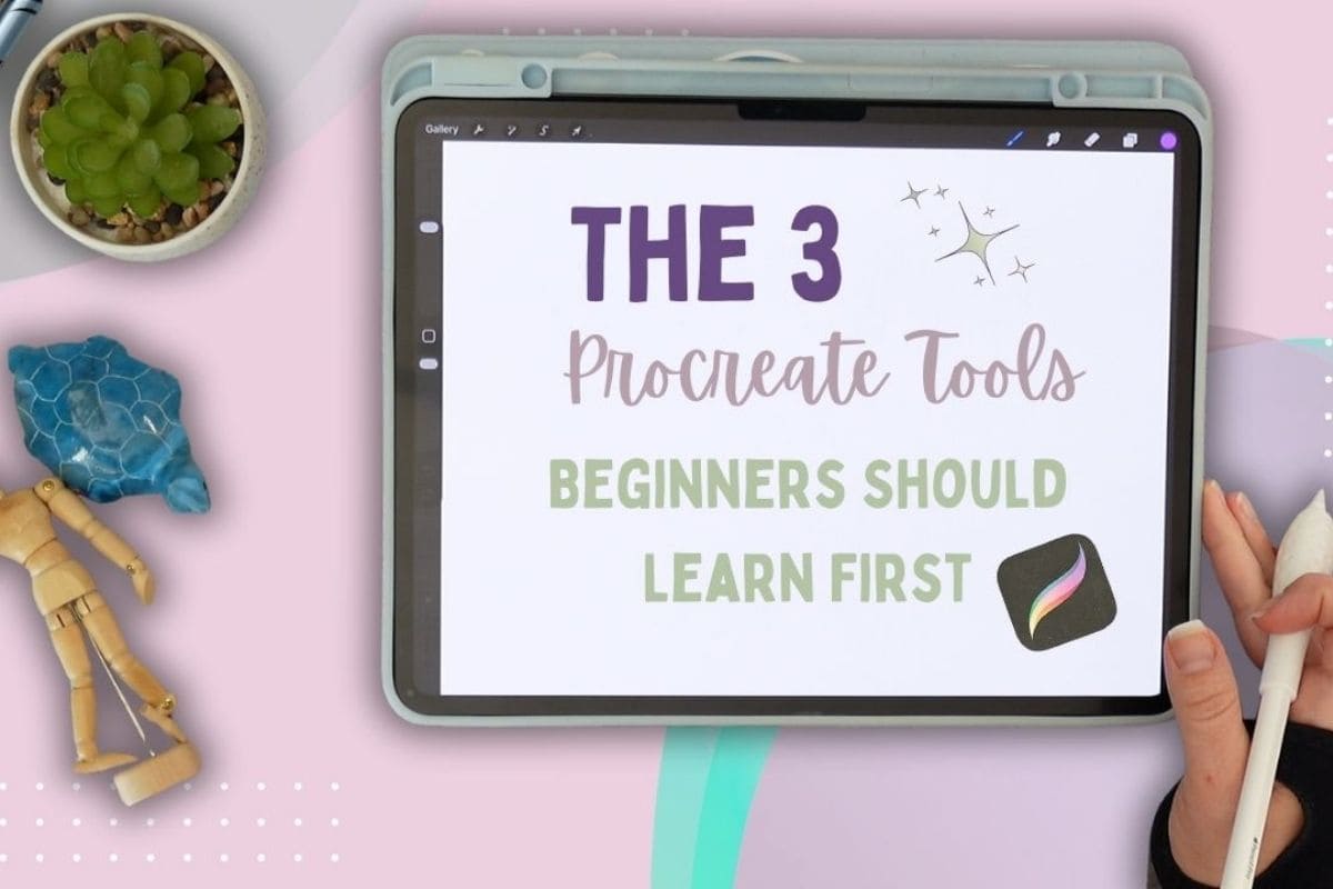 i pad on a purple background text reads the 3 procreate tools beginners should learn fast 