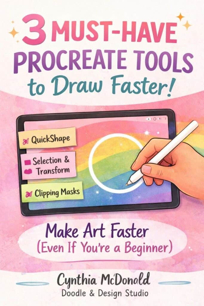 Learn the essential Procreate tools to draw faster and create sellable art even as a beginner. A colorful digital illustration featuring an iPad with a simple drawing, styled for artists starting their digital art journey."