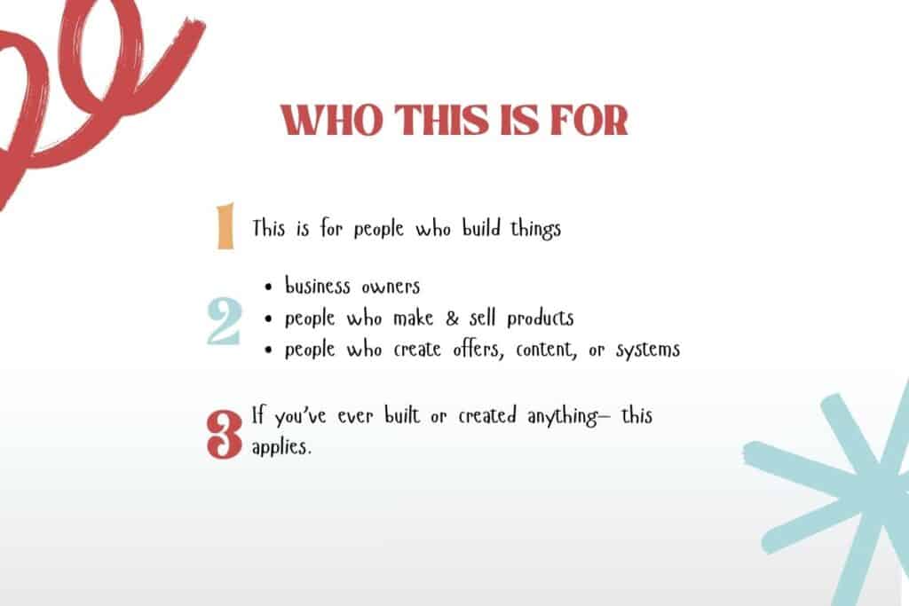 A list-based graphic naming the audience for this creative process: business owners, product creators, and anyone who builds or makes things.