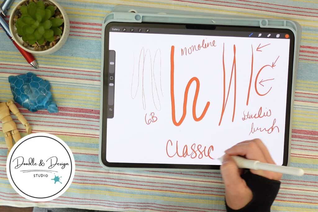 A digital artist using a stylus to test Monoline, Studio, and 6B Procreate brushes on an iPad with bold handwritten notes.