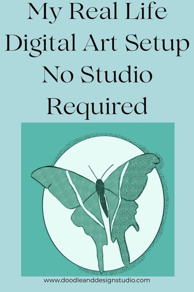 blue pinterest pin digital art setup with green handdrawn moth