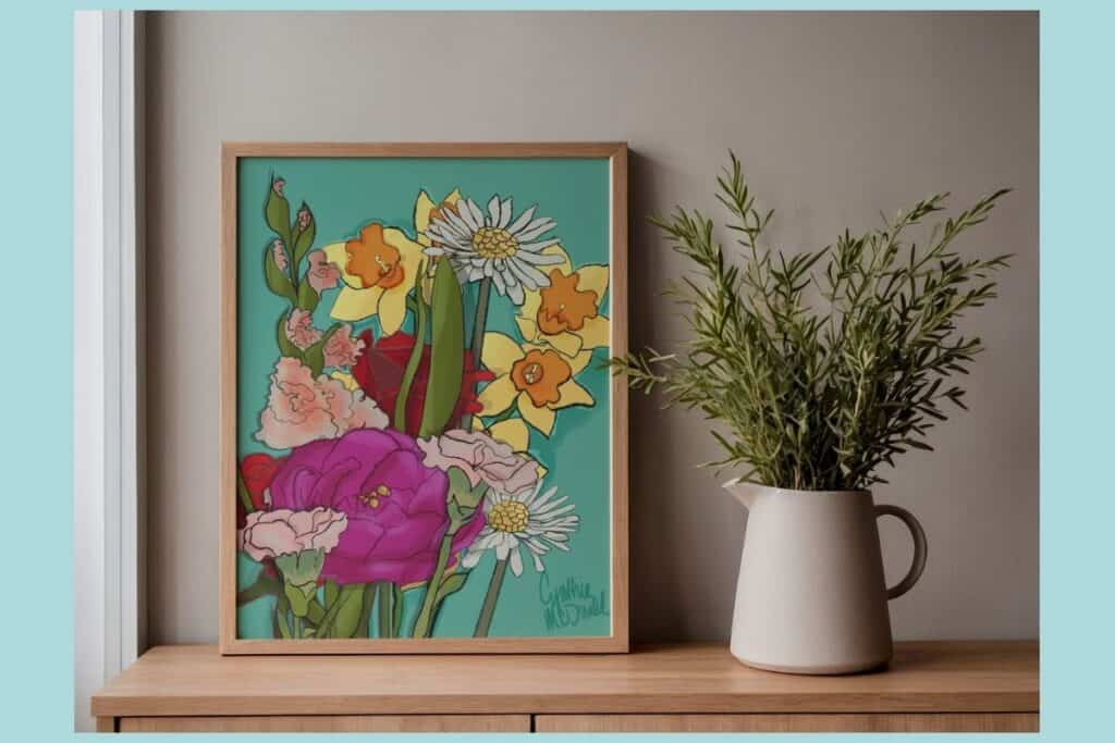 A framed print of digitally drawn birth month flowers created in Procreate, showing how digital drawing skills can be turned into beautiful home decor art.