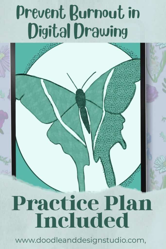 Colorful illustrated infographic about preventing burnout in digital drawing featuring sections labeled Skill Snacks, Small Finished Pieces, Play Days, and One Repetition Not Perfection with art tools and a butterfly drawing.