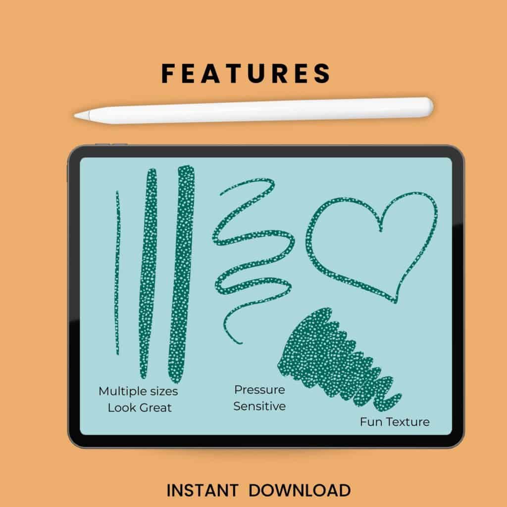 A tablet displaying a green dotted brush stroke labeled “Procreate Dottie Brush,” illustrating a simple texture tool that can help prevent burnout in digital drawing by making practice playful.