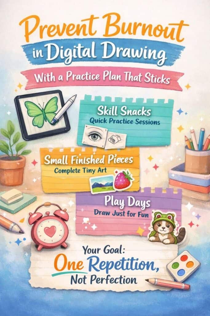 Green butterfly digital illustration displayed on a tablet with the text “Prevent Burnout in Digital Drawing – Practice Plan Included” on a soft textured background.
