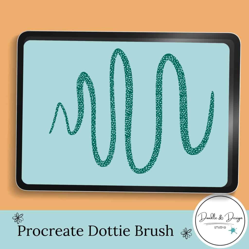 A tablet displaying a green dotted brush stroke labeled “Procreate Dottie Brush,” illustrating a simple texture tool that can help prevent burnout in digital drawing by making practice playful.