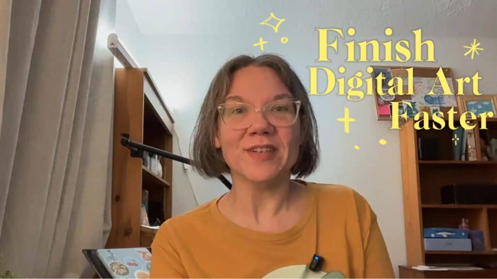 Cynthia McDonald in her home art studio with yellow text overlay that reads “Finish Digital Art Faster.