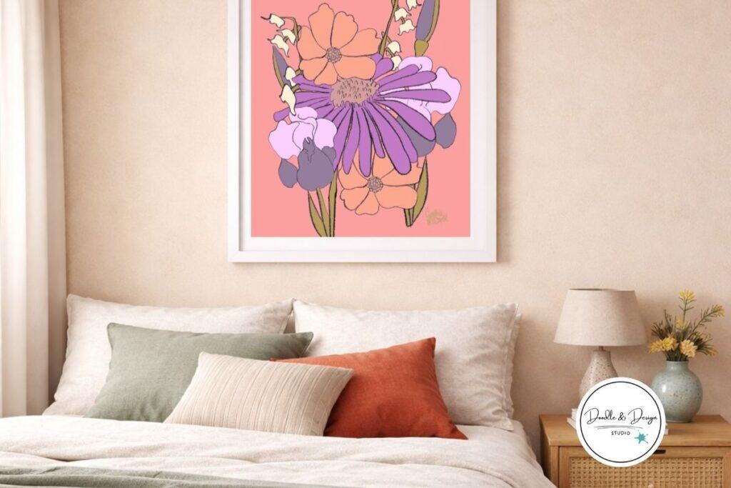Personalized birth flower bouquet printable wall art displayed in a cozy neutral bedroom with soft decor and pastel tones