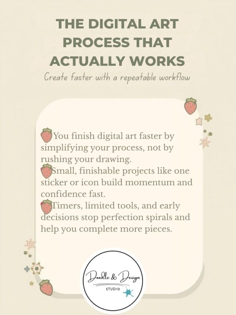 Pinterest graphic explaining a repeatable digital art process that helps artists complete more artwork.