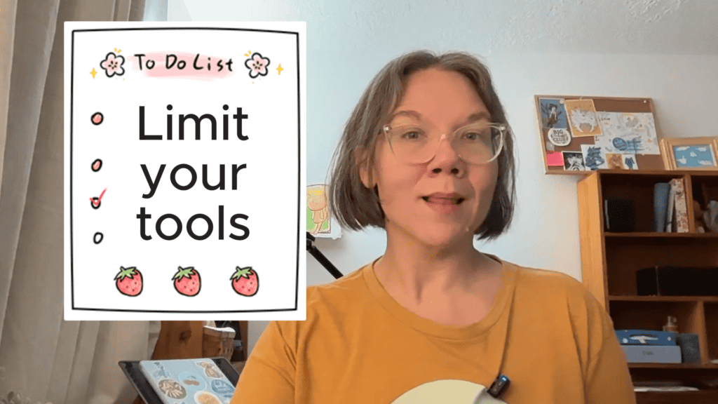 Cynthia McDonald from Doodle and Design Studio speaking beside a to-do list graphic that says “Limit your tools.