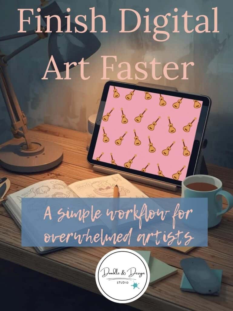 Cozy digital art workspace with an iPad and sketchbook illustrating a simple workflow for finishing digital art faster.  