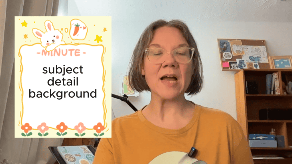 Cynthia McDonald teaching a digital art workflow beside a cute bunny graphic labeled “Minute: subject, detail, background.”