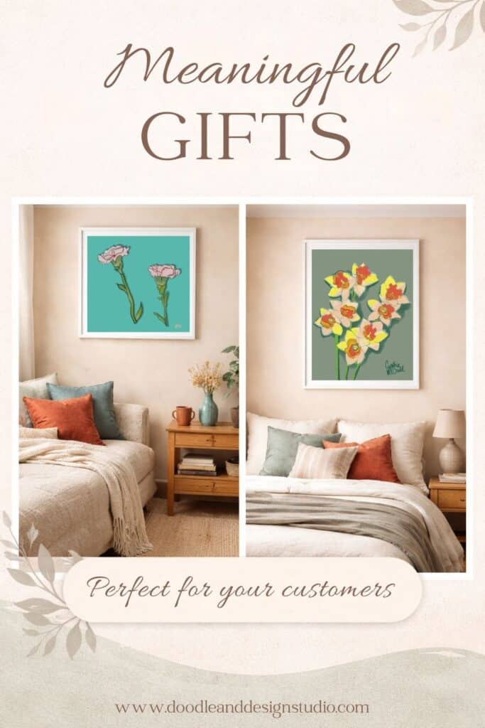 Custom birth flower bouquet printable framed as wall art in a modern living room with neutral decor and soft greenery accents