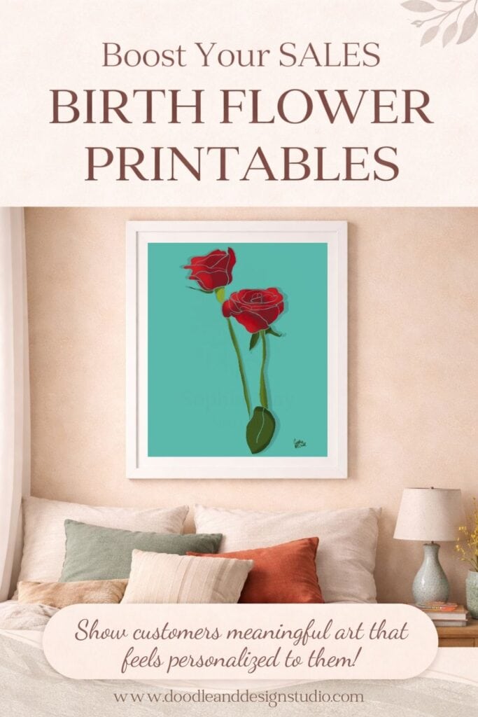 Red rose birth flower printable wall art mockup showing personalized floral digital art for meaningful gift products
