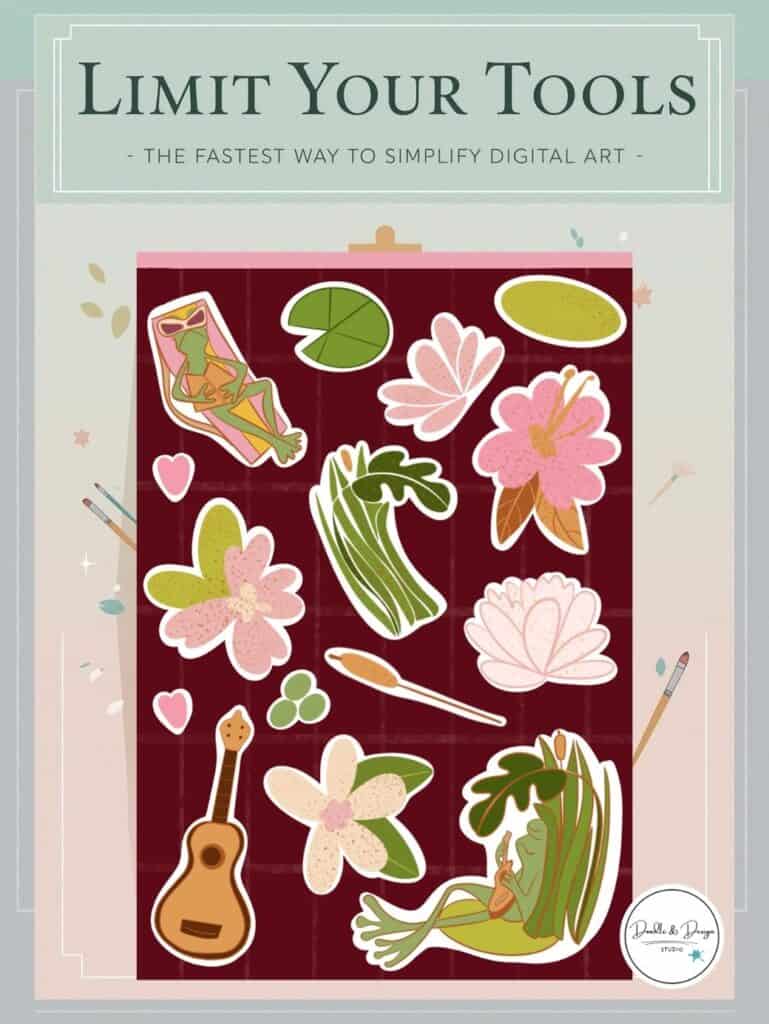 Illustrated sticker-style digital artwork with text explaining that limiting tools can simplify the digital art process.