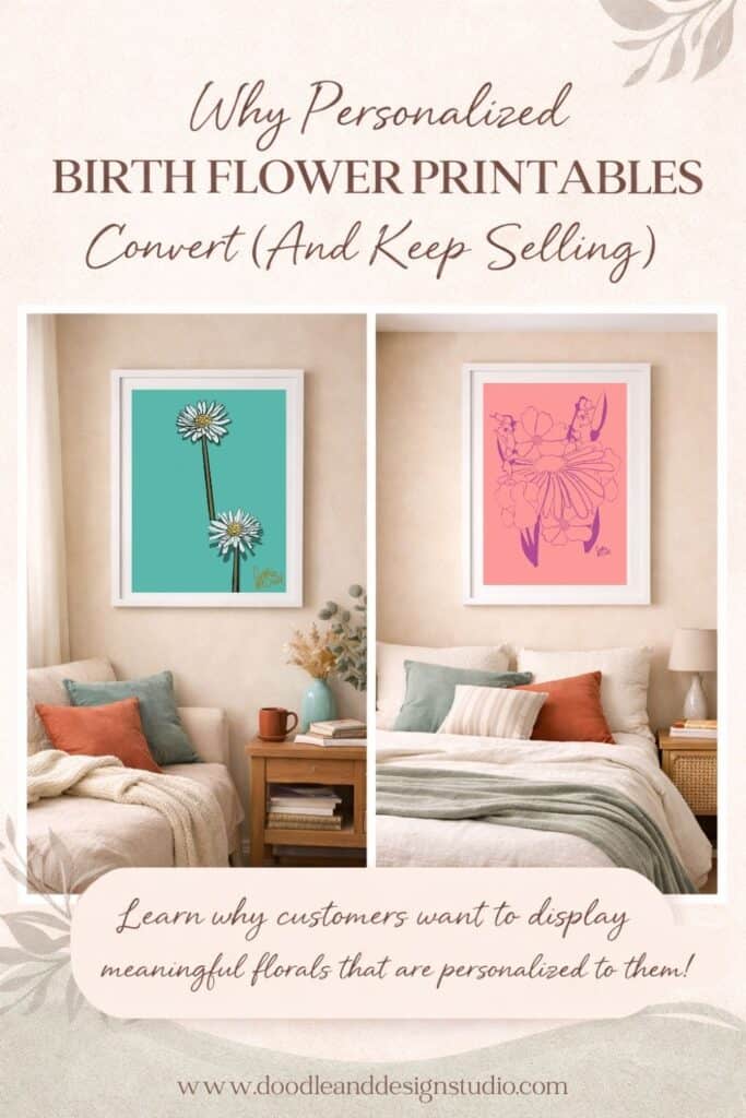 Examples of personalized birth flower printable wall art displayed in cozy home settings showing why custom floral prints sell