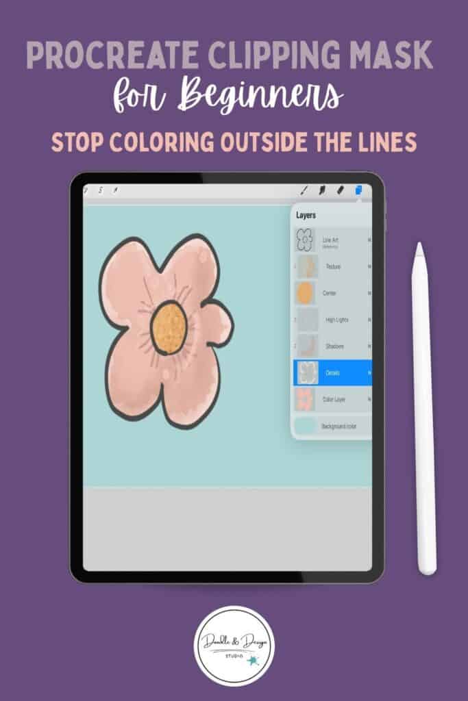 iPad showing Procreate clipping mask tutorial with a simple daisy flower, demonstrating how to color and shade inside shapes using layers