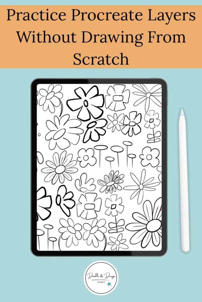 Procreate canvas showing flower stamp brush design being colored using clipping masks for shading and texture practice