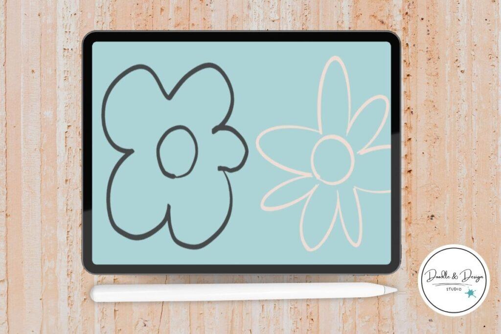 Procreate clipping mask tutorial example showing simple flower line art on iPad for beginners learning digital drawing techniques